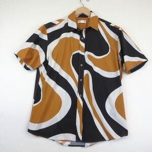 PDI by Padini Button Shirt Mens L Black Mustard Abstract Swirl Short Sleeve